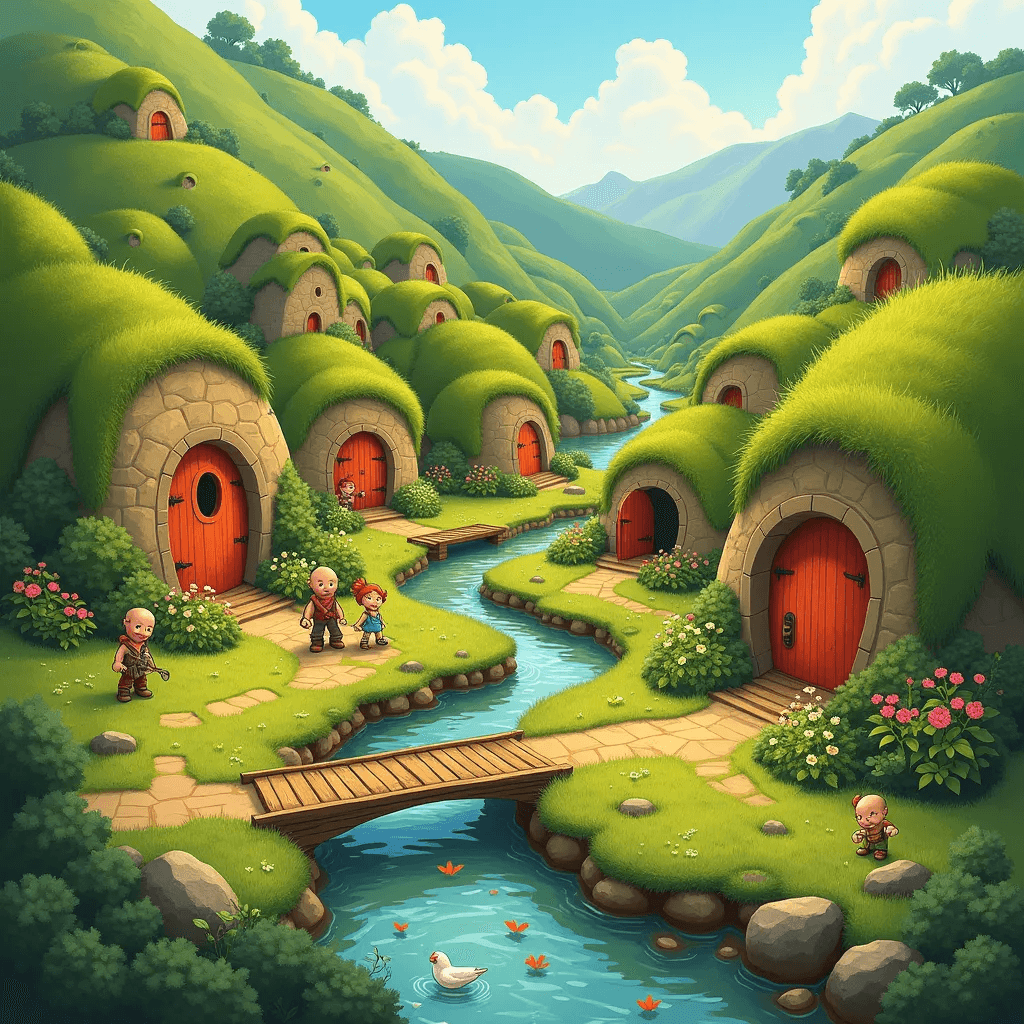 Illustration of a cozy Halfling village