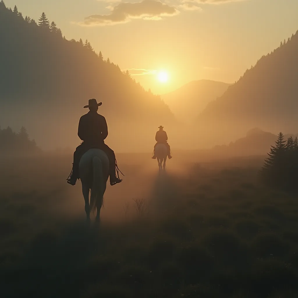 Cowboy riding a horse at sunset